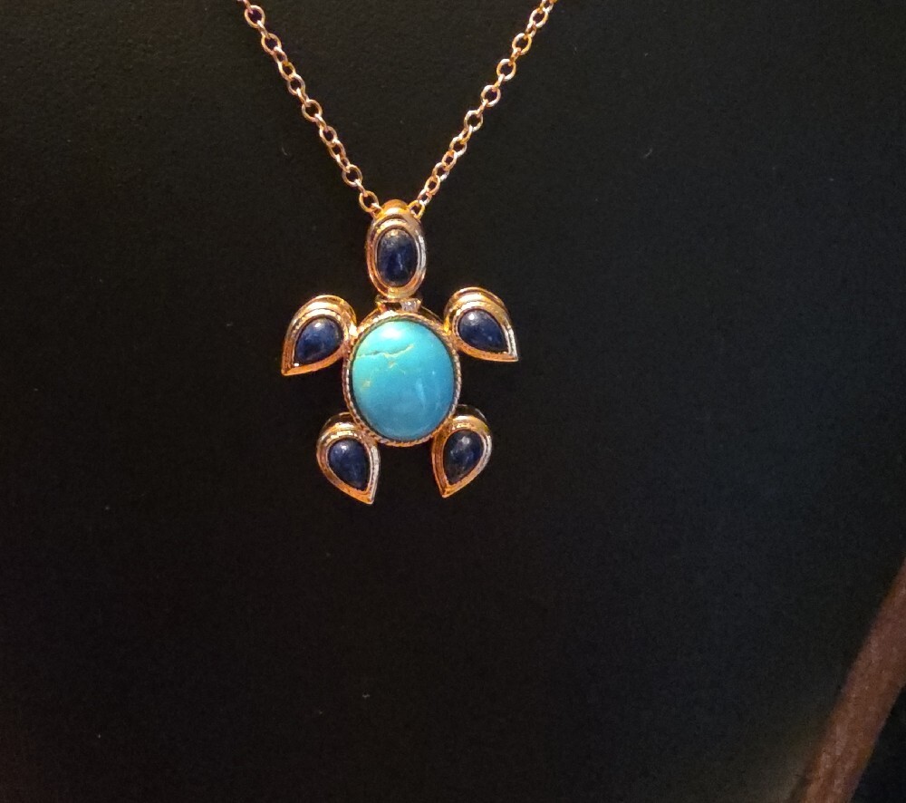 JTV Turquoise & Lapis 18K Gold Over Brass Turtle Pendant With Chain - Picture 2 of 7